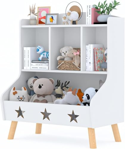 Huhote Kids Bookshelf and Toy Storage Organiser, Kids Bookcase with 3 Compartments, Kids Toy Storage Cabinet, Children's Bookcase Organizer Holder, for Bedroom, Kids Room, Playroom, Nursery (White)