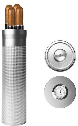 Portasigari Portatile, Humidor Sigari in Acciaio Inox, Humidor per 3 o 4 Sigari, Porta Sigari da Viaggio, Portasigari con Igrometro, Custodia per Sigari, Regalo per Amanti Dei Sigari (Argento)