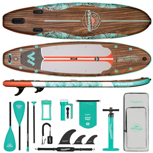 WNOVA 11x34 Stand Up Paddle Board Inflatable, Portable SUP Paddleboard with Complete Accessories, Camera Mount and 10L Dry Bag, Extra Wide Blow Up Paddle Boards for Adults Youth Family, Classic Wood