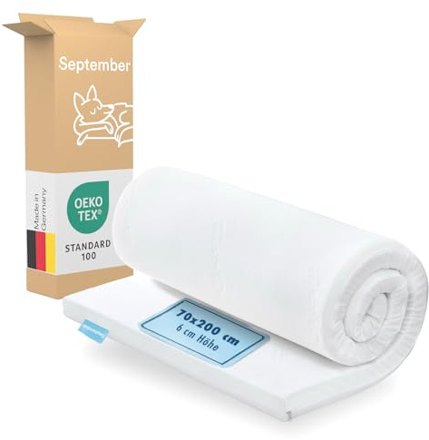 September – Topper 70x200 cm Komfortschaum mit 6 cm Höhe – Matratzenauflage mittelfester Härtegrad H3 – für Matratzen, Boxspringbetten etc. – Oeko-TEX® Standard 100 zert. – Bezug bei 60°C waschbar