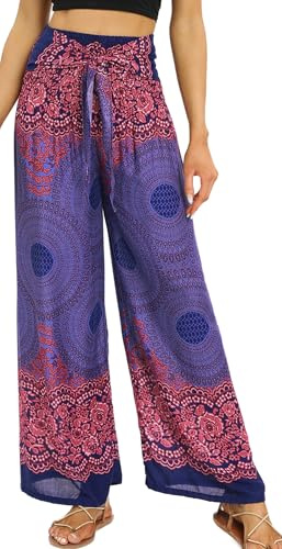 AIEOE Yoga Zumba Pantalones Mujer Boho Largo Playa con Flores Palacio Pantalones Flutter Mujeres Vapor Ligero Verano Rojo + Morado
