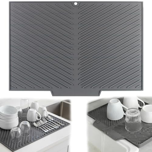 Abtropfmatte Geschirr Silikon 33x42,5cm - Abtropfmatte Spüle mit Geneigter Fläche & Rillenstruktur für Optimalen Wasserablauf, Rutschfest & Hitzebeständig für Küche