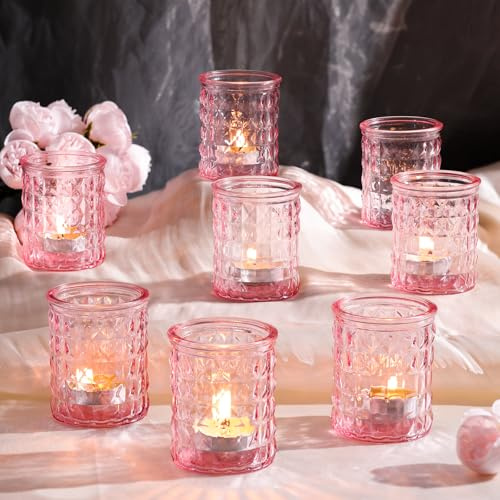 LETINE 12 portavelas de té, portavelas de cristal, duraderos y de alta calidad, vasos de vela rosa, 6,7 x 5,5 cm, adecuados para fiestas, festivales, bodas, decoración del hogar