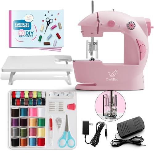 CraftBud Mini Sewing Machine for Beginners, Dual-Speed, Small Portable Sewing Machine for Children and Adults, with Extendable Table, 48-Piece Gift Set Includes Pedal, Project Book, Light and More