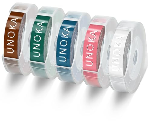 UNOKA Embossing Tape Compatible with Dymo Omega Label Maker Refills 9mm | Self-Adhesive Plastic Refills Replace for Dymo Label Makers Motex E-101 E-303, Clear Pink Blue Green Brown, 5-Rolls