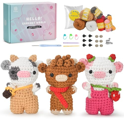 CrochZepiany Crochet Kit for Beginners, Amigurumi Crochet Animal Kit, Crochet Starter Kit Step-by-Step Video Tutorials,Beginner Crochet Kit for Adults,Crocheting Kit-2 Dairy Cows and Highland Cow