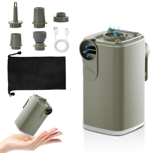 Focenat Bomba de Aire eléctrica, Inflador Colchon Hinchable, 1600mah Hinchador Electrico con 5 Boquillas, 5kPa Iluminación Recargable Inflador Electrico para Piscinas y Colchones de Cama (Verde)