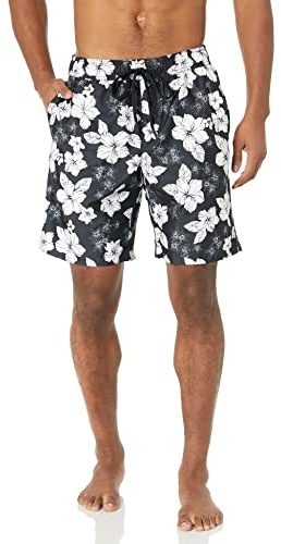 Amazon Essentials Herr Badshorts med Nätinnerbyxa, 23cm Benlängd med Fickor och Dragsko, Svart hibiskusblomma, XXL
