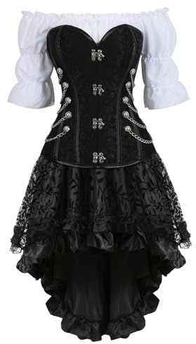 Vestidos Corset Steampunk muje Bustier Sexy gotico Pirata Bordado Cuero Corsé y Falda Tutú Blanco Blusa Fiesta 3 Piezas Negro S