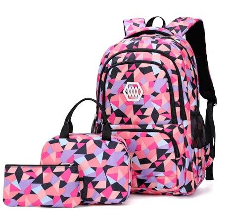 Bansusu Geometric-Print Backpack and Lunch-Bag Set for Girls-Boys Middle-School Elementary Bookbags