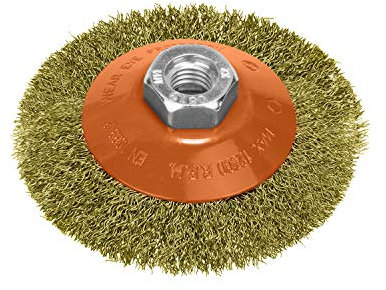 WOLFPACK LINEA PROFESIONAL - Cepillo Oblicuo Con Alambre De Acero Latonado Rosca M14, Ø 100 mm. Alambre de Ø 0,30 mm.