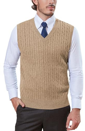 Kallspin Men’s Wool Blended Cable Knit Vest Sweater V Neck Relaxed Fit Sleeveless Pullovers (Coffee X-Large)