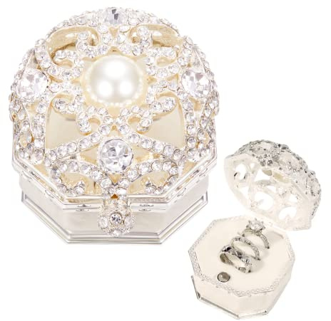 BEAUTY NEST 3 Slots Ring Box for Wedding Ceremony Vintage Engagement Ring box for Proposal Unique Ring Bearer Boxes for Wedding Ring Holders Valentines Day Gifts for Her White Diamond&Pearl(3 Ring)