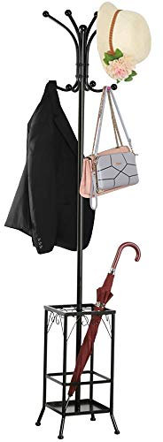 Yaheetech Metal Coat Stand Hat Rack with Umbrella Holder, 186 cm Height Free Standing Coat Rack Stand, Coat Tree Hanger with 8 Hooks & Solid Base for living Room/Hallway, Black