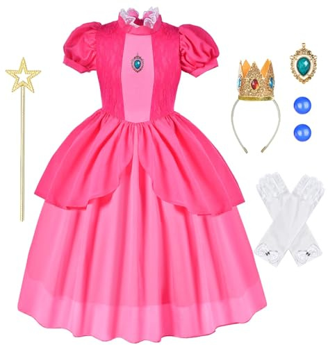 Aomig Pesca Princess Costume per Bambini, 5Pz Vestito da Principessa Pesca Abito Princess Rosa Fancy Dress in Pizzo, Pesca Cosplay Costume con Accessori per Halloween Carnevale Festa Compleanno(150)