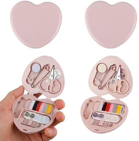 Cobee Kit de couture portable - 2 pièces mini kits pour réparation d'urgence et bricolage - étui en forme de cœur avec aiguilles, boutons, épingles - essentiel pour voyage