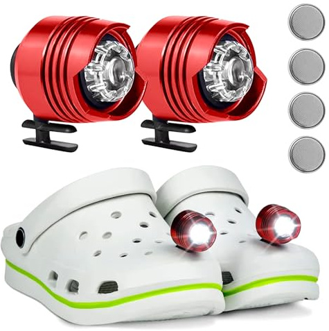 MXJFYY 2 Fari per Croc, 3 Modalità Regolabili Alla Luce, IPX5 Impermeabile Croc Fari, Passeggiate Escursioni Campeggio Accessori Scarpe Regali di Compleanno per Le Vacanze per Adulti Bambini（Red）
