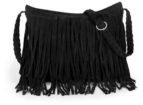 Adistylinno Fringe Crossbody Handbag Damen, große Quasten Damen Umhängetaschen Multifunktionale Schultertasche mit gewebtem Schultergurt Wildleder Handtasche für tägliche Reisen (Schwarz)