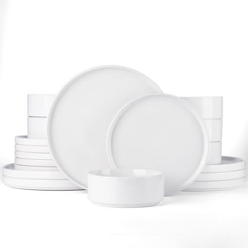 Richmount Nebula vajilla 6 personas, juego de platos y cuencos de 18 piezas, vajilla de gres moteado, servicio de mesa, apto para microondas y lavavajillas, blanco