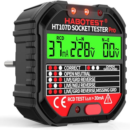 YEREADW Steckdosentester mit RCD-Prüfung, Steckdosenprüfgerät mit Kontrollleuchten-Anzeige, 6 Arten von Fehlerdiagnose, Spannungsprüfer FI Tester 90-250V/45-65Hz, CAT ll 300V