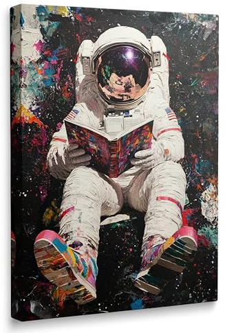 Colorful Pop Astronaut Outer Space Theme Classroom Decor Framed Graffiti Spaceman Contemporary Wall Art Canvas Cool Kids' Gifts Galaxy Prints Banksy Poster Universe Trippy Painting (12x16)