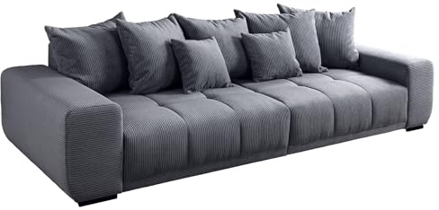 XXL Sofa ELEGANCIA - 285cm - anthrazit - Cord - Federkern mit Kissen | 7 Kissen, Buchenholzgestell, Ziersteppung, zeitloser Stil, Rundum-Bezug, pflegeleicht