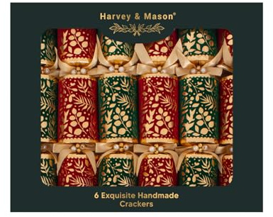 RSW Harvey & Mason 6 Exquisite Flock 13.5 Crackers – Luxury Christmas Table Crackers with Velvet Finish, Satin Ribbon & Pearl Detail – Includes Hats, Mottos & Premium Gifts