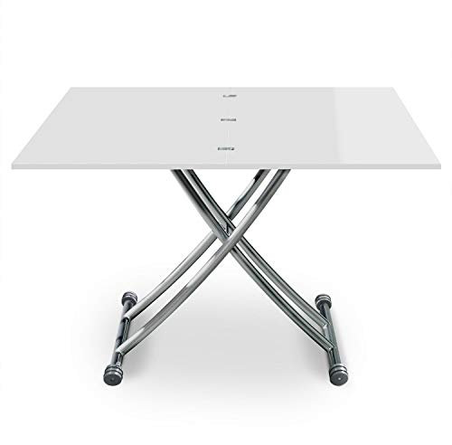 Menzzo Table Basse Relevable Bois/INOX Laqué Blanc, Rehaussable et Extensible, Table Transformable et Modulable, Contemporain, Moderne, B2219S Carrera, L57/100 x P100/114,2 x H39/76 B2219S