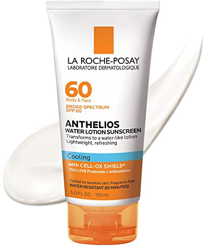 La Roche-Posay Anthelios Cooling Water Sunscreen Lotion, Water Based Sunscreen for Face & Body, Broad Spectrum SPF + Antioxidants, Fast Absorbing Water-Like Texture, Oil Free Sunscreen SPF 60