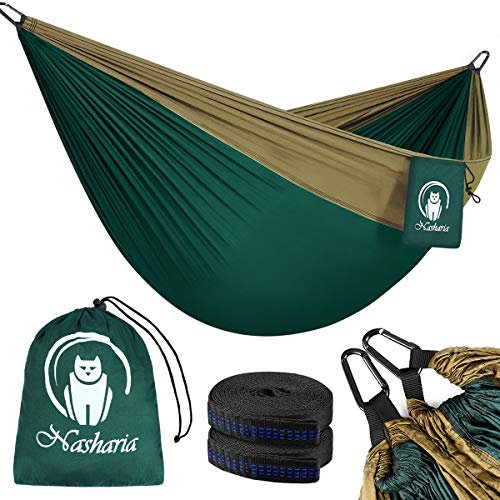 Nasharia Hängematte Outdoor, 2 Personen Outdoor Hammock 300KG Tragkraft 275 * 140 cm, Reisehängematte Ultraleicht Atmungsaktiver Hängematte Nylon Fallschirm für Outdoor Camping, Garten und Strand