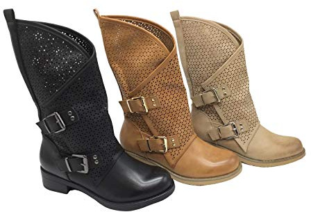 Stivali Primaverili Estivi da Donna Traforati Biker Motociclista Moda Nero Nuovi Estate novità Nero Beige Tacco Basso Comodi Fibbia G628 (Nero, Numeric_38)