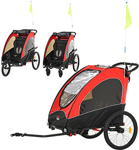 HOMCOM 3 in 1 Kinderanhänger Aluminium Kinder Jogger Fahrradanhänger Radanhänger für 2 Kinder mit Fahne Rot+Schwarz 150 x 85 x 107 cm