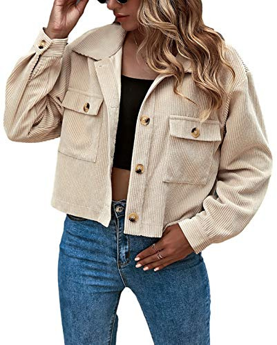 Gihuo Women's Fashion Cropped Shacket Button Down Corduroy Shacket Jackets Casual Plaid Long Sleeve Crop Jackets Tops（Apricot-S）