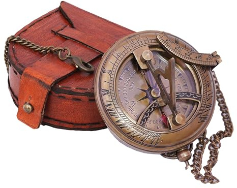 Brass Sundial Compass with Leather Case and Chain, Antique Design Push Open Compass, Handmade Sundial Clock, Unique Steampunk Accessory and Gift Idea for Loved Ones