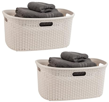 Mind Reader 40L Laundry Basket, Clothes Hamper, Premium Wicker Design, Plastic, Set of 2, Ivory