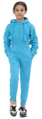 NY Deluxe Edition Girls Crop Tracksuit Set Kids Crop Zip Hooded Top & Jog Botttom Age 7 to13 years (as8, age, 11_years, 12_years, regular, Rurquoise Blue)
