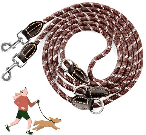 Hundeleine für große und mittelgroße Hunde - Ricihene Verstellbare Doppelleine aus Nylon mit 2 Karabinerhaken und 3 Ringen - 3m x 15mm - Braun