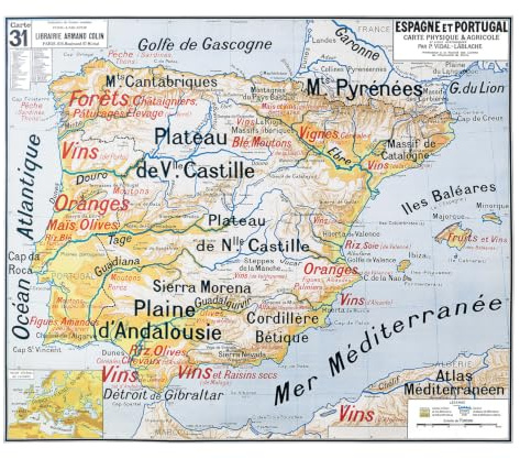 Carte Vidal Lablache N° 31 - ESPAGNE ET PORTUGAL - PHYSIQUE ET AGRICOLE - 120 x 100 cm (reproduction ancienne carte scolaire) - Bâche 340 g/m²