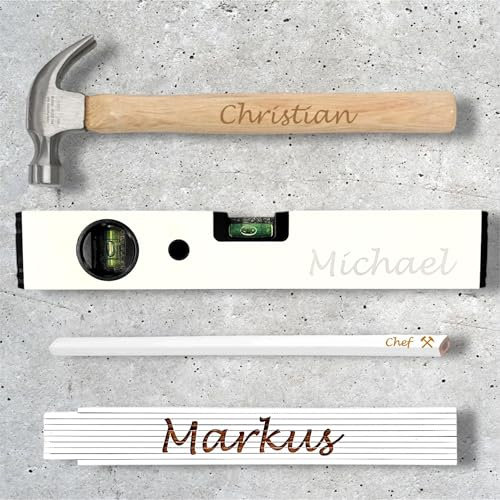 Geschenk Set - Hammer + Zollstock + Wasserwaage + Zimmermannsbleistift - mit Name personalisiert - Gravur - Handwerker Bauherr Vatertag Papa Opa Mann Heimwerker Weihnachten Geschenkset Männer