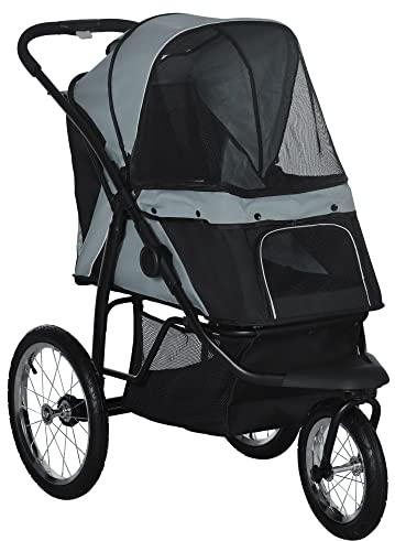 PawHut 3 Wheels Pet Stroller, Foldable Dog Stroller with Adjustable Canopy, Safety Tether, Cushion, Storage Basket, Portable Jogger for Small and Medium Dogs and Cats, Gray
