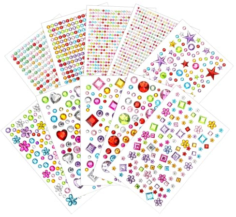 3000 Pièces Strass Autocollant Diamant, 10 Sheets Auto-Adhésif Gem Cristal Acrylique, Autocollants en Forme de Perles, Brillant Strass Bijoux Autocollants pour Maquillage Nail Art DIY Décoration