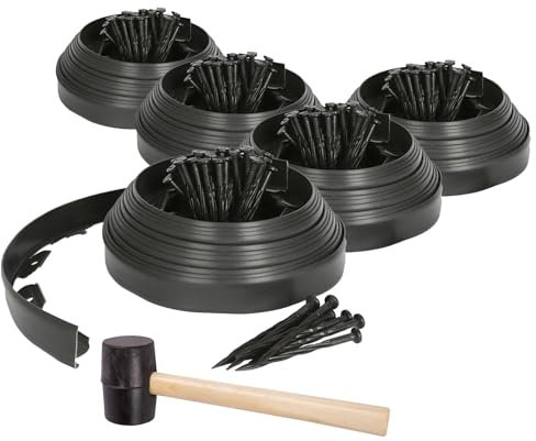 Harbour Housewares 50m Flexible Lawn Edging with 200 Pegs & Mallet - Black - Plastic Garden Edging Grass Border Flower Bed Stone Path Edge Height 4cm Patio Landscaping Divider Palisade