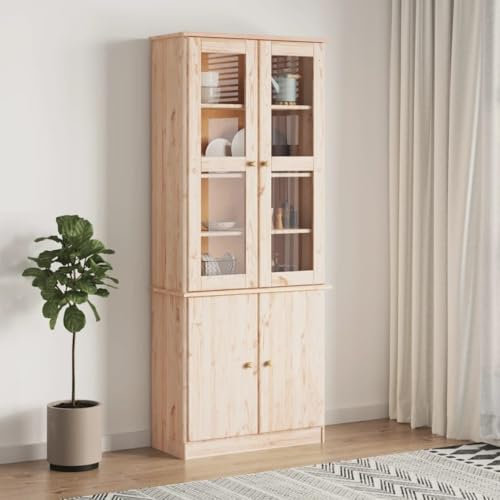 Willood Vitrinenschrank, Vitrine mit viel Stauraum, Bücherschrank Schrank mit Glastüren, Wohnzimmerschrank Hochschrank Beistellschrank, Massivholz Kiefer