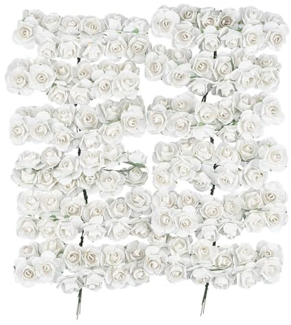 Lot de 144 petites roses artificielles en papier - Fleurs décoratives avec tige en fil de fer - Têtes de roses d'environ 2 cm - Pour le bricolage - Blanc
