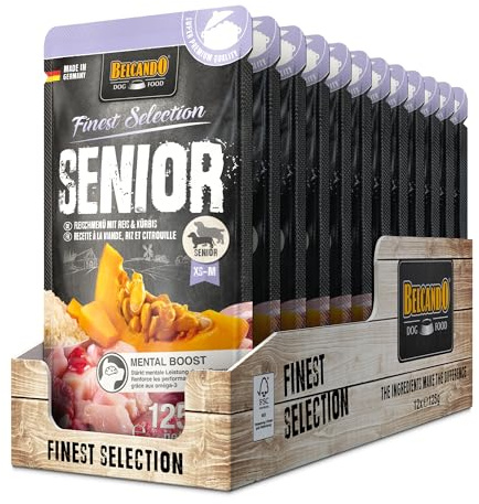 BELCANDO Senior Fleischmenü [12x125g mit Rind & Huhn] | Nassfutter für ältere Hunde | Feuchtfutter Alleinfutter im Einzelportionsbeutel für Senioren ab 7 Jahren