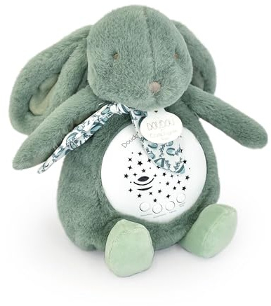 DOUDOU ET COMPAGNIE - Veilleuse Musicale Lapin vert sauge avec Projection d’Étoiles – Doudou Peluche avec Mélodies et Lumières Apaisantes – Compagnon Nuit Bébé – Idée Cadeau Naissance - DC4203