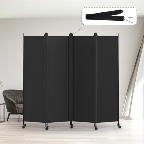 Kokorona 4 Panel Room Divider, 6FT Tall Rolling Privacy Screen with Lockable Wheels, Folding Wall Dividers Portable Room Divider for Room Separation, Included - Cover Strips, Black, W 223.5 x H 178 cm