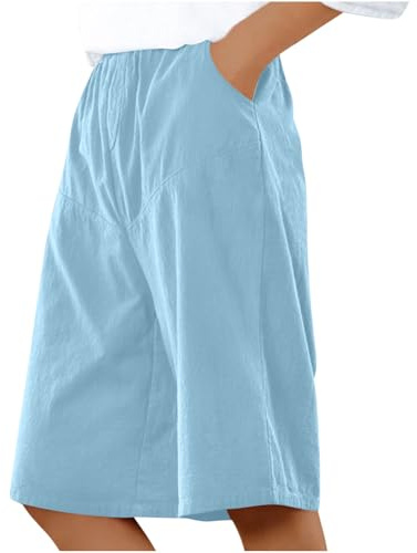 BFSWL Pantalones cortos de verano para mujer, hasta la rodilla, bermudas, muselina, pantalones cortos con goma elástica, para tiempo libre, algodón, lino, pantalones cortos, monocolor, pierna ancha
