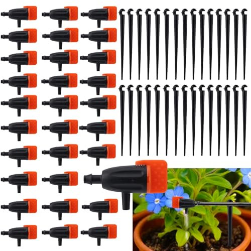 BOXOB 30pcs Drip Irrigation Emitters, Garden Irrigation Drippers with 30pcs Support Stakes Adjustable Drip Emitters Water Dripper for Plants Lawn Flower Watering Accessories