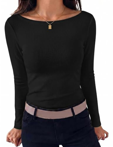 Leversic Womens Long Sleeve Tops Soft Basic T-Shirt Boat Neck Stretch Base Layer Slim Fit Y2K Going Out Tunic Tee Tops Black,L
